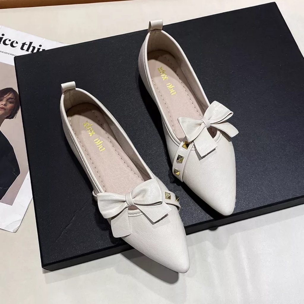 Ảnh thật Giày búp bê nữ da mềm êm chân nơ chéo đinh tán sang chảnh