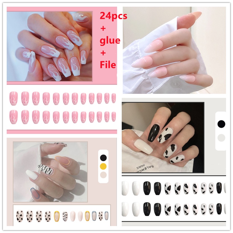 【24pcs】24/Pcs DIY Fake Nails French Finger Nail Art False Nail Wearable Nails European and American Style Fake Nails