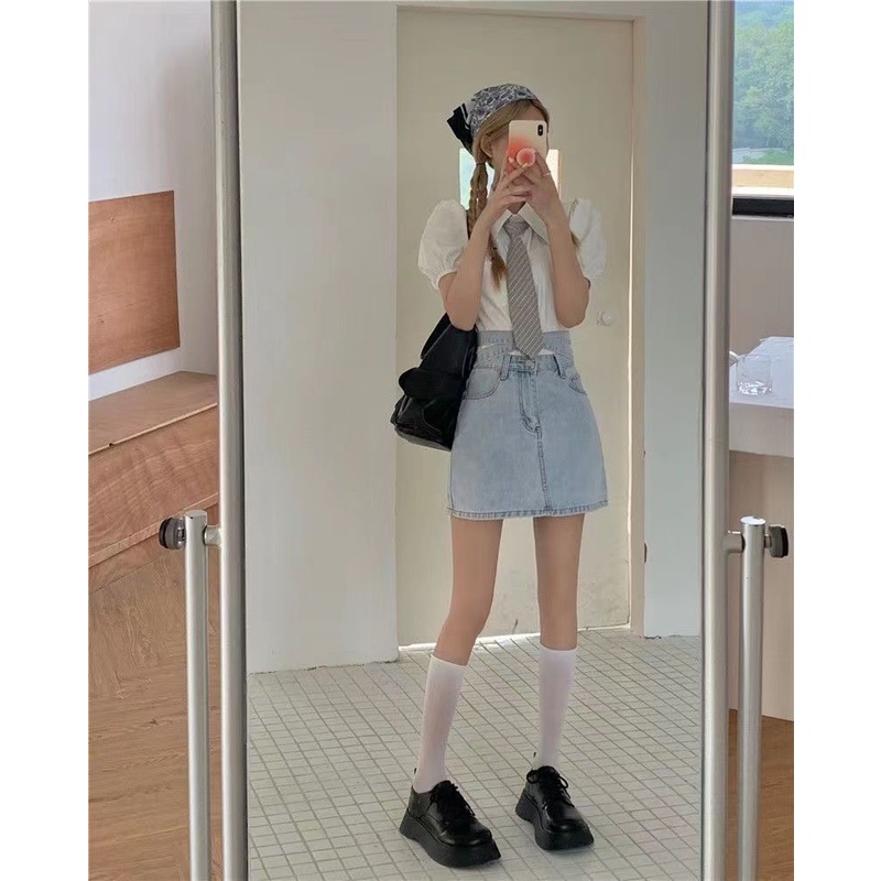 Chân Váy Denim Ngắn Dáng Chữ a Buộc Dây Phong Cách Hàn Quốc Thời Trang Cho Nữ