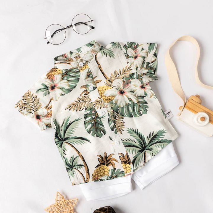 Bộ đồ bé trai đi du lịch, đi biển gồm áo sơ mi họa tiết và quần kaki, bộ quần áo cho bé 1 2 3 4 5 6 7 8 9 tuổi hè 2022