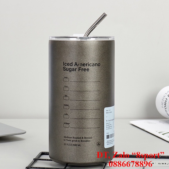 Cốc giữ nhiệt Inox cao cấp có ống hút, ly giữ nhiệt, bình nước văn phòng, thể thao 600ml