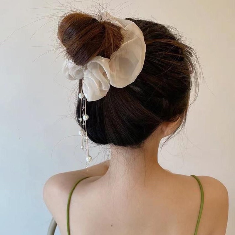Dây buộc tóc phồng bồng bềnh tua rua đính hạt ngọc xinh xắn dễ thương ruy băng dây cột tóc bánh bèo công chúa Hàn Quốc