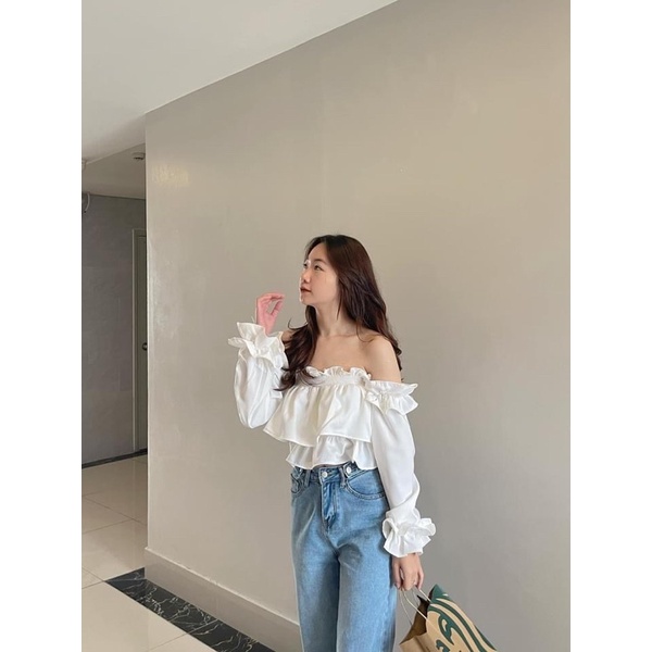 Áo trắng trễ vai dài tay pha bèo Top8422