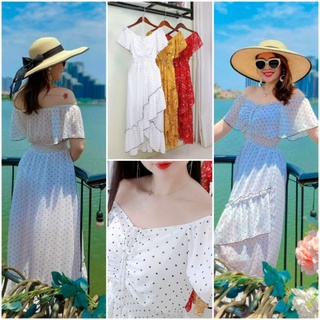 ❤Váy maxi chấm bi dài thướt tha cổ nhún nơ❤là hàng thiết kế may kỹ, mặc trễ vai hay cổ V đều xinh đẹp👍Ảnh thật❤