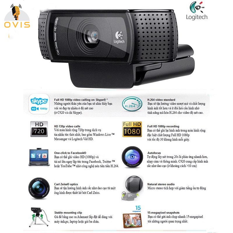 [BH 24 THÁNG] Webcam Máy Tính Logitech C920 Pro Chất Lượng HD 1080p, Tích Hợp Micro Stereo, Tự Lấy Nét