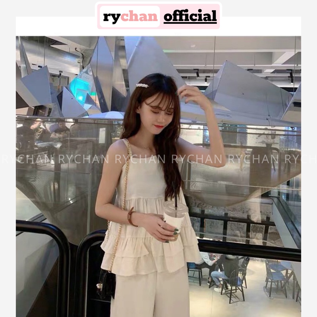 SE833 - Set Áo Babydoll Tầng Mix Quần Ống Suông Rộng Kèm Hình Thật