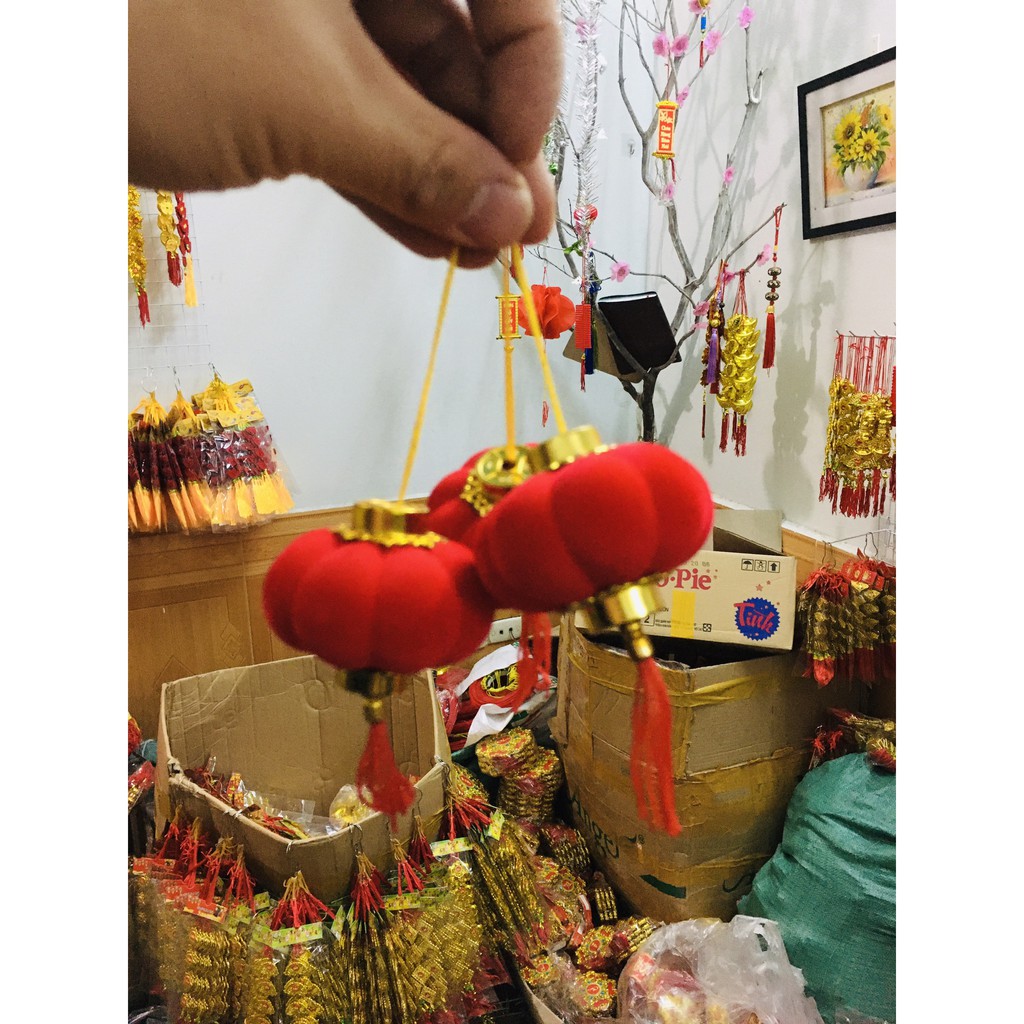 Đèn lồng nhựa bọc vải nhung đẹp 6cm trang trí tết 2021,tiểu cảnh, ngoài trời, lễ hội