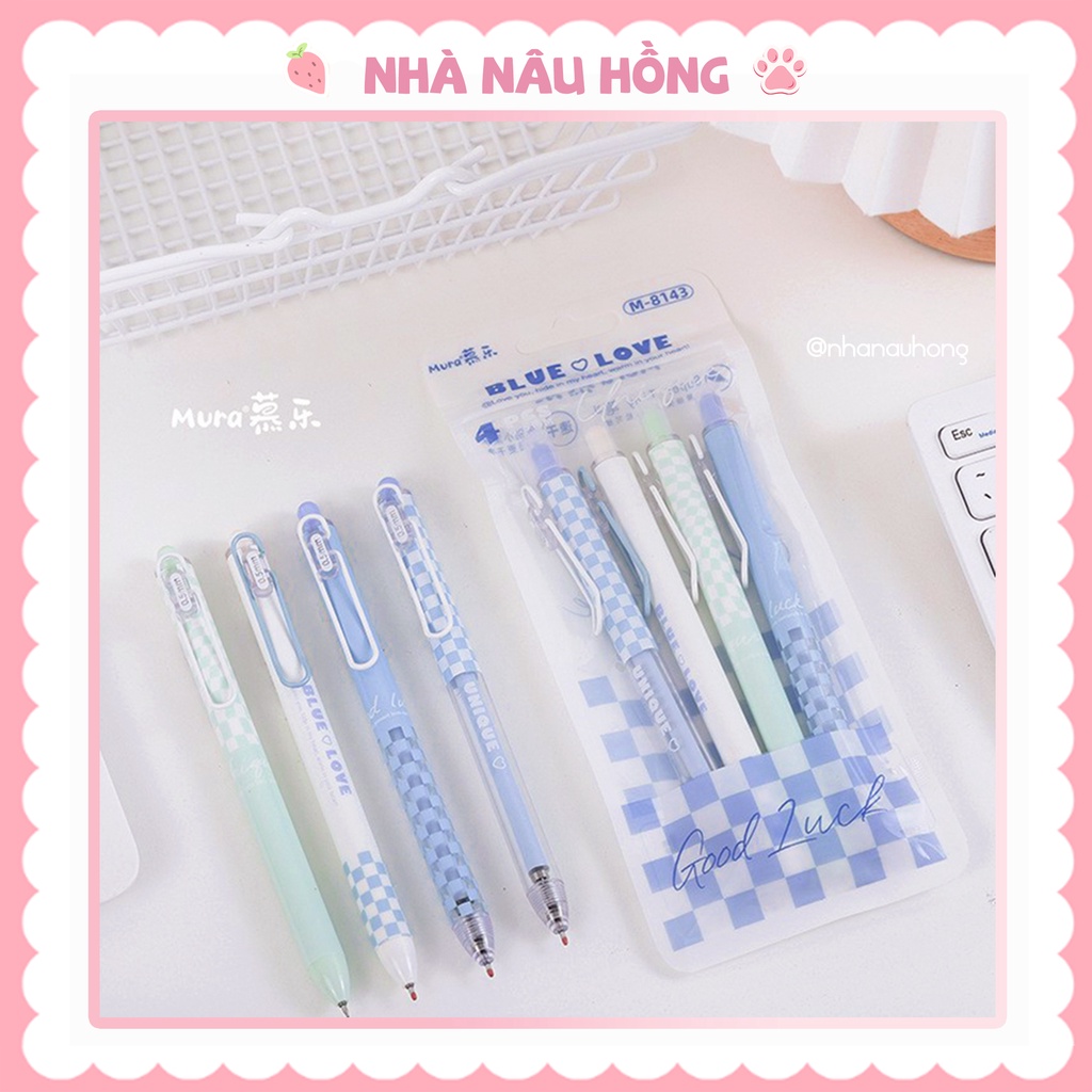 Bút gel bấm Mura Blue Love hoạ tiết caro màu mực đen, ngòi kim mảnh 0.5mm cao cấp, khô nhanh