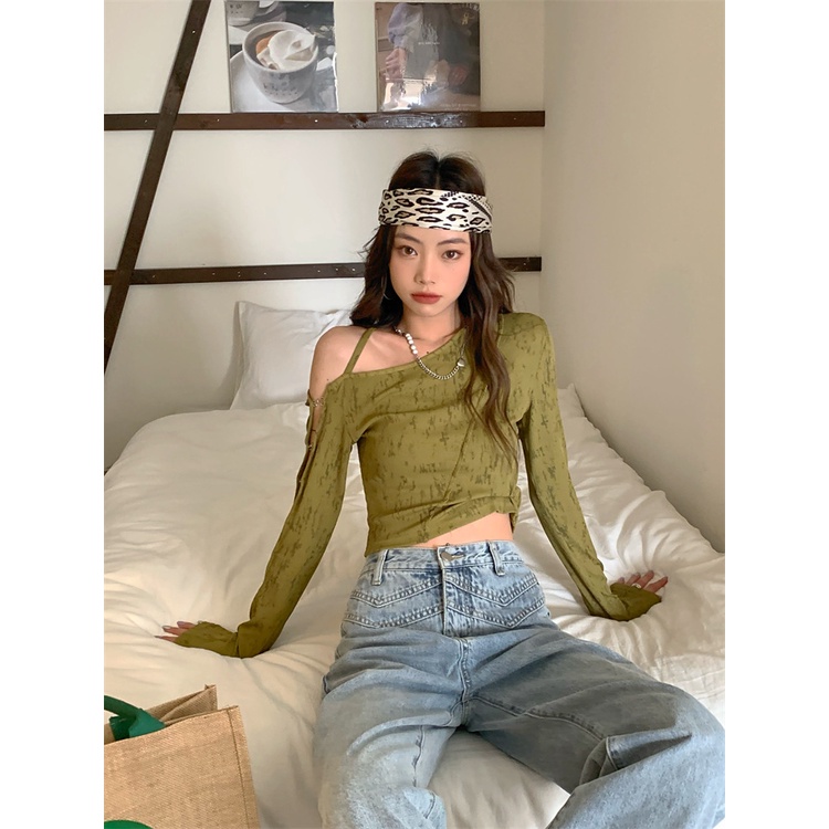 Porozi  Áo croptop  trễ vai dài tay thời trang Hàn Quốc dành cho nữ