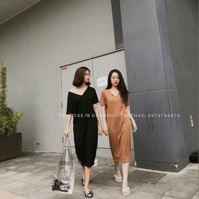 Đầm suông thun cổ V