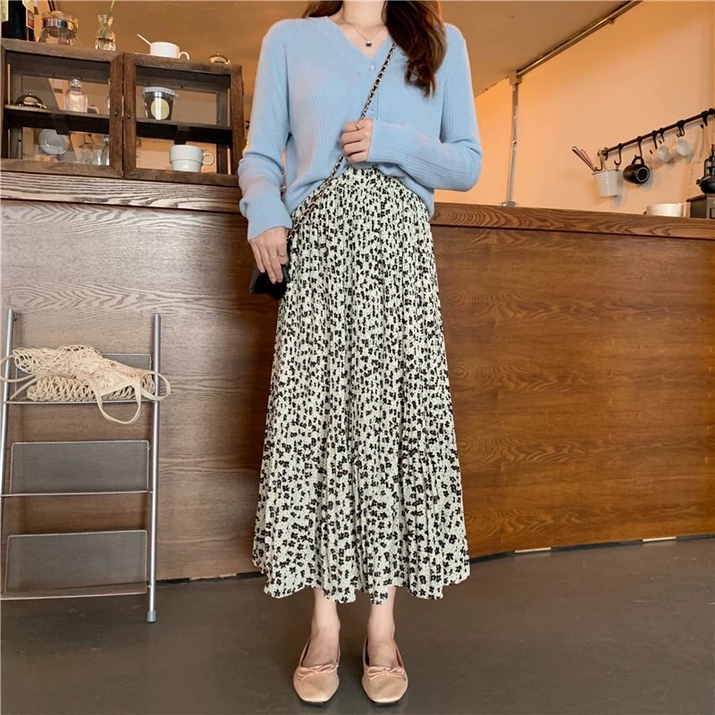 Chân váy hoa nhí dập li nhỏ có lót trong - Chân váy dài xoè chiffon hoa nhí ulzzang LUMII