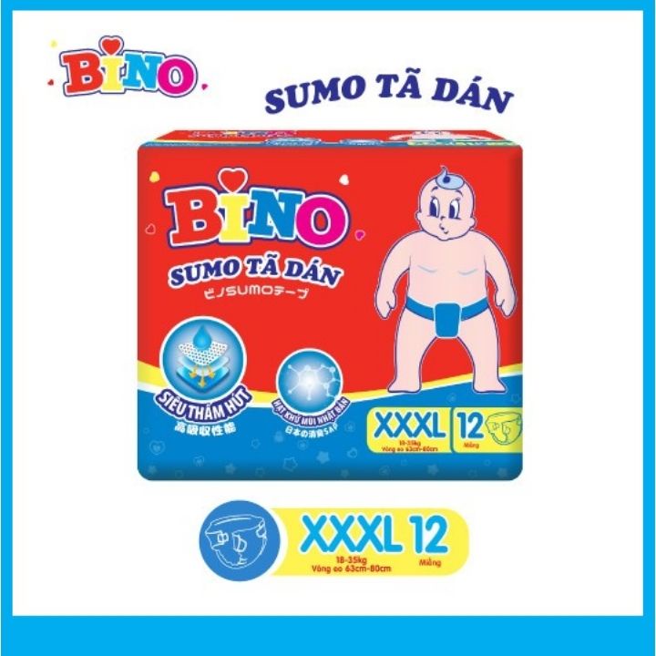 Tã dán Bino Sumo XXXL12 (Cho bé trên 18kg và người gầy) - Công nghệ Nhật Bản lõi siêu thấm hút