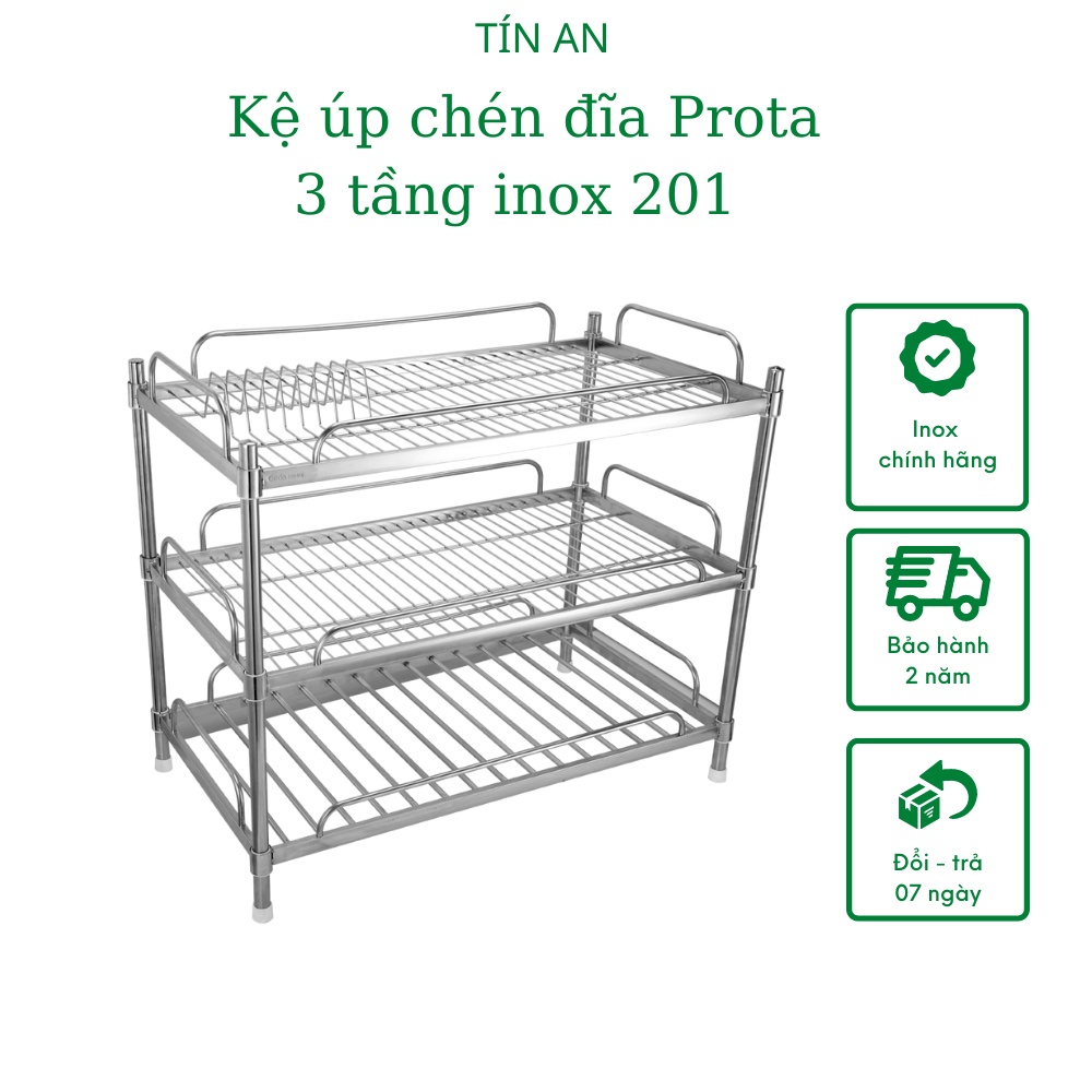 Kệ inox úp chén dĩa Prota 3 tầng lắp ráp, inox chính hãng, hạn chế gỉ sét, độ bền cao