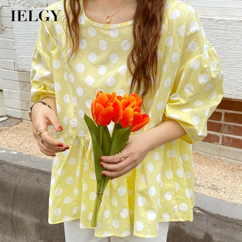 IELGY Áo Sơ Mi Cổ Tròn Tay Ngắn Dáng Rộng In Họa Tiết Chấm Bi Màu Vàng Phong Cách Hàn Quốc Cho Nữ