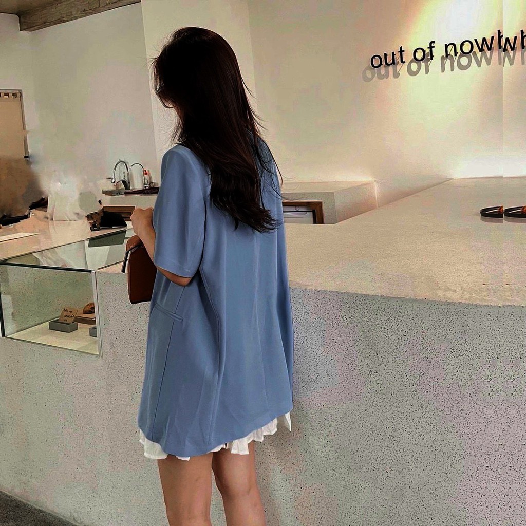 Áo vest-blazer vạt bầu cộc tay dáng suông vải trượt mặc mùa hè 100