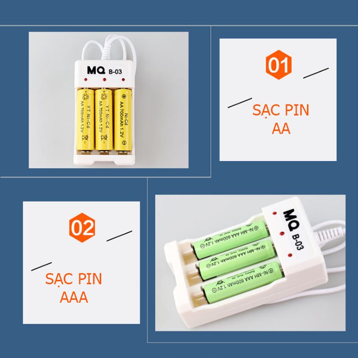 Bộ sạc pin AA, AAA 03 cổng (sạc pin Ni-Cd) - MQ-03 - 250mA cổng USB