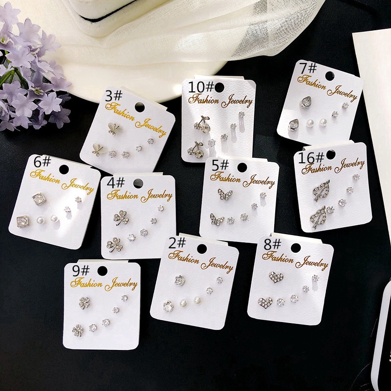 Set 3 đôi bông tai hình bướm/cỏ ba lá đính pha lê xinh xắn