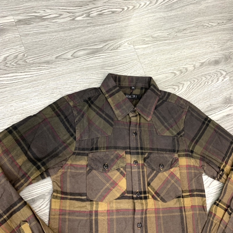 Áo sơ mi kiểu nam nữ Amiri dài tay kẻ đỏ xanh/ nâu nhúng pha màu đen nhạt chất cotton dày dặn cao cấp SM26P