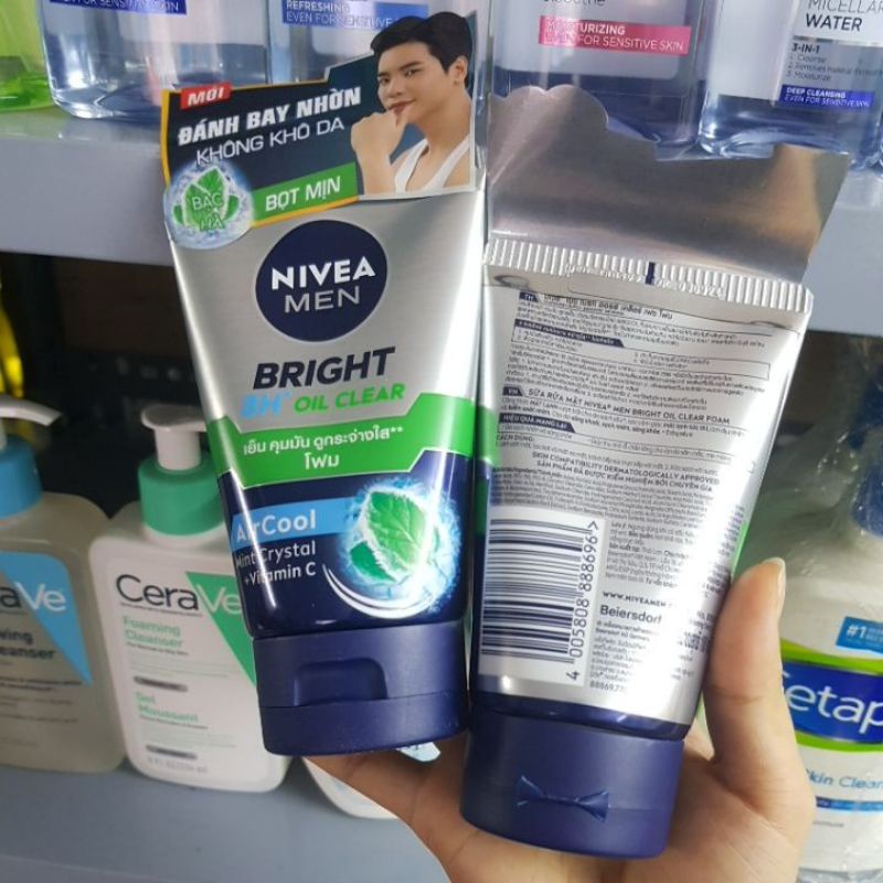 Sữa rửa mặt sạch nhờn mát lạnh bạc hà nivea men bright 8H oil clear 100gr