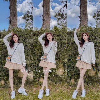 Set áo pull trắng kem kèm chân váy xếp ly màu nude siêu xinh