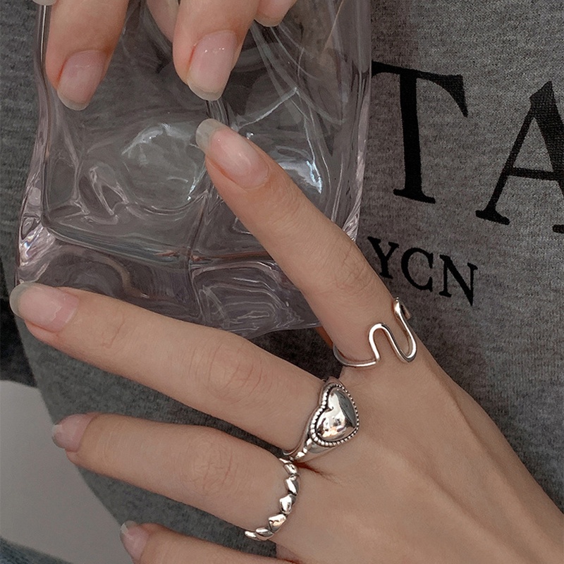 IF ME Bộ Nhẫn Bạc Dạng Mở Hình Trái Tim Thiết Kế Gợn Sóng Thời Trang Cho Nữ