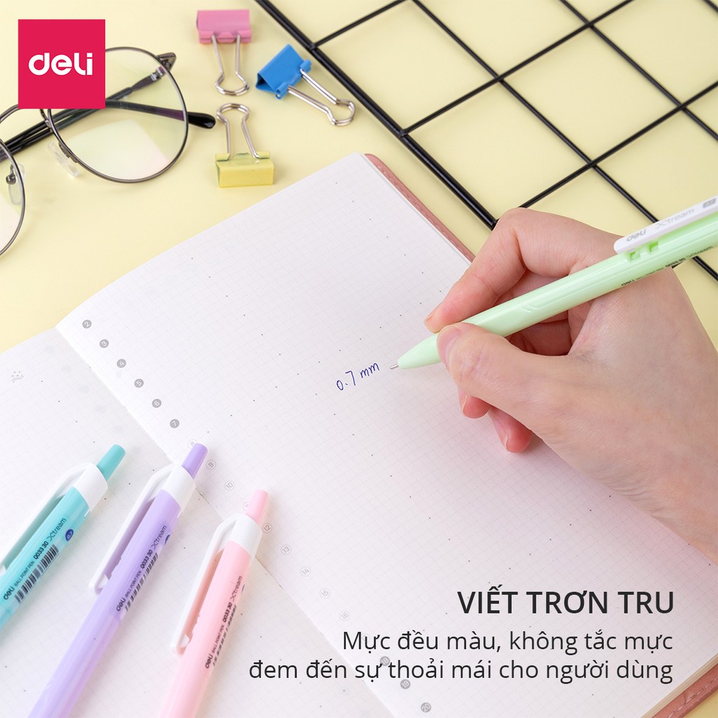 Bút bi bấm văn phòng mực xanh ngòi 0.7mm Deli hộp 50 chiếc giá rẻ viết nét đều trơn tru phù hợp cho học sinh - EQ03336