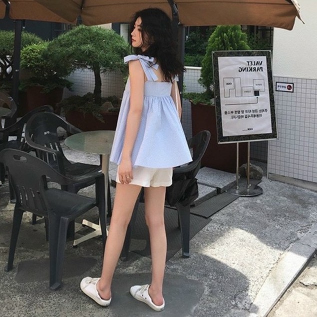 Set babydoll Hàn Quốc S.047, Set áo kẻ caro xanh thắt nơ vai và quần kaki short trắng