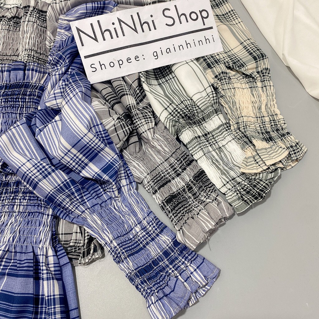 Áo kiểu bo chun ngực vai bồng dài tay, Áo kẻ bo eo tay chun AS9501 - NhiNhi Shop