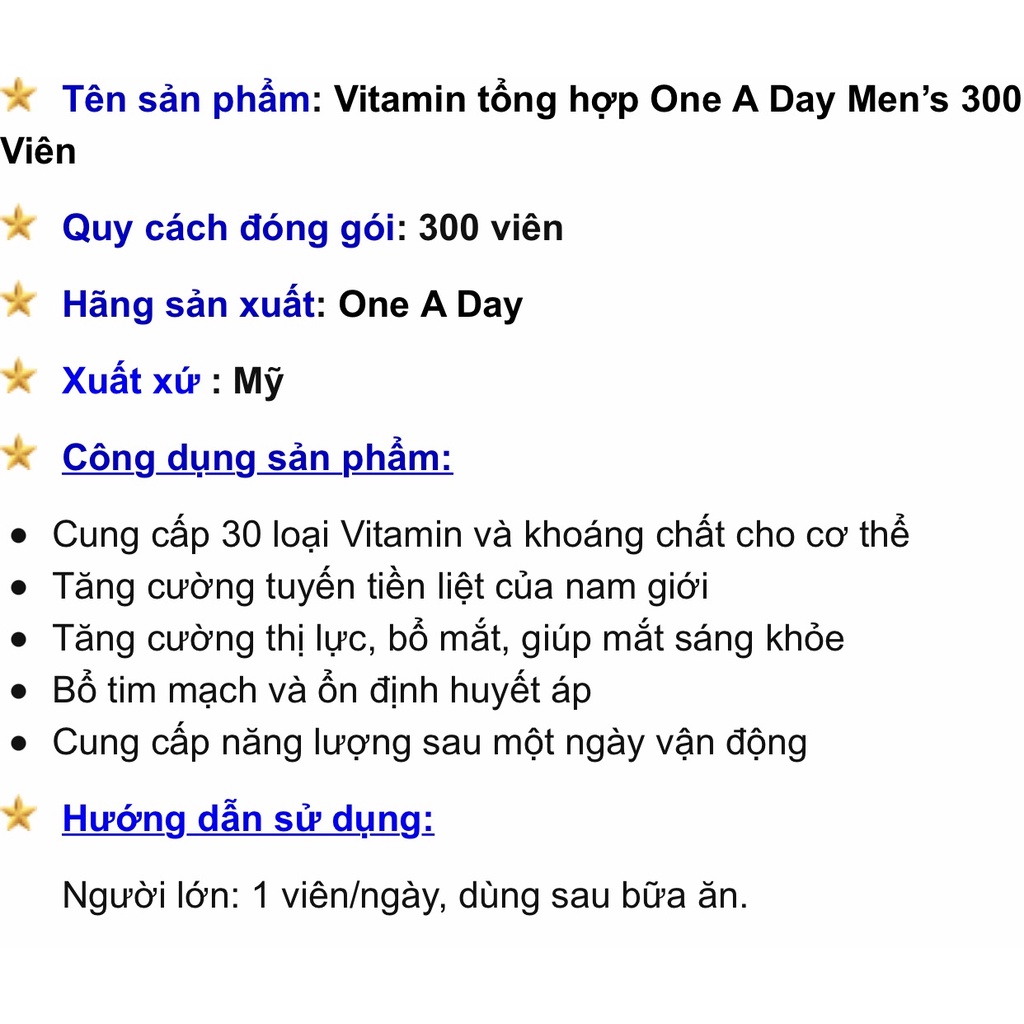 Date T4/2023_Vitamin tổng hợp One A Day Men’s dưới 50 tuổi 300 Viên của Mỹ