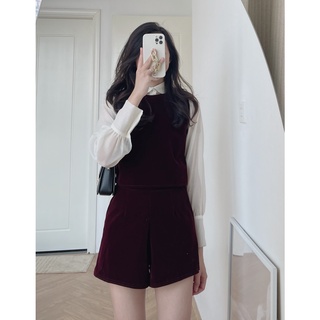 Set somi cổ bèo gile short nhung xòe 492