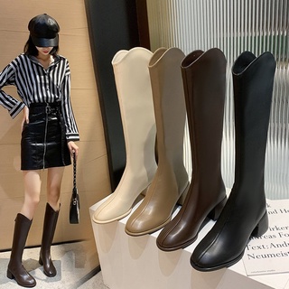 Boot đùi cổ cao nữ 5.5 cm mũi tròn gót vuông da PU bóng khóa kéo đế chống trơn trượt thời trang thu đông &A61-1