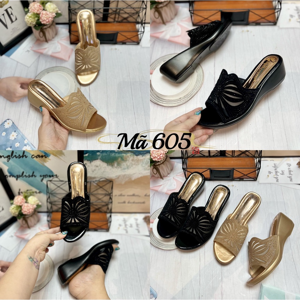 Dép Trung Niên Đính Xoàn Quai Ngang  Dép Đi Tiệc Cao Cấp 602 603 605 607