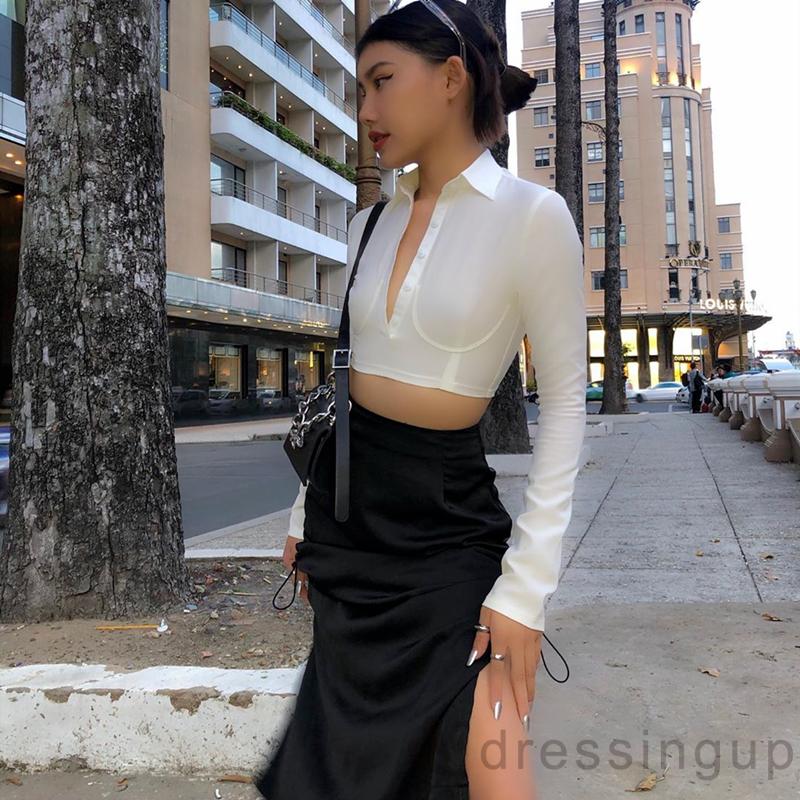 DRESSINGUP-Áo dài tay dáng ôm màu trơn thiết kế có khuy dành cho nữ