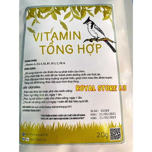Vitamin Tổng Hợp Dành Cho Chim Cảnh Acpharno 20gram Vitamin A D E C B