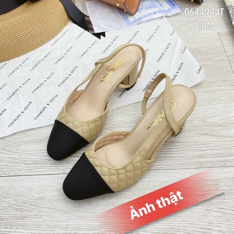 Giày Sandal Nữ Cao Gót Vuông 5cm Mũi Đen Trần Trám