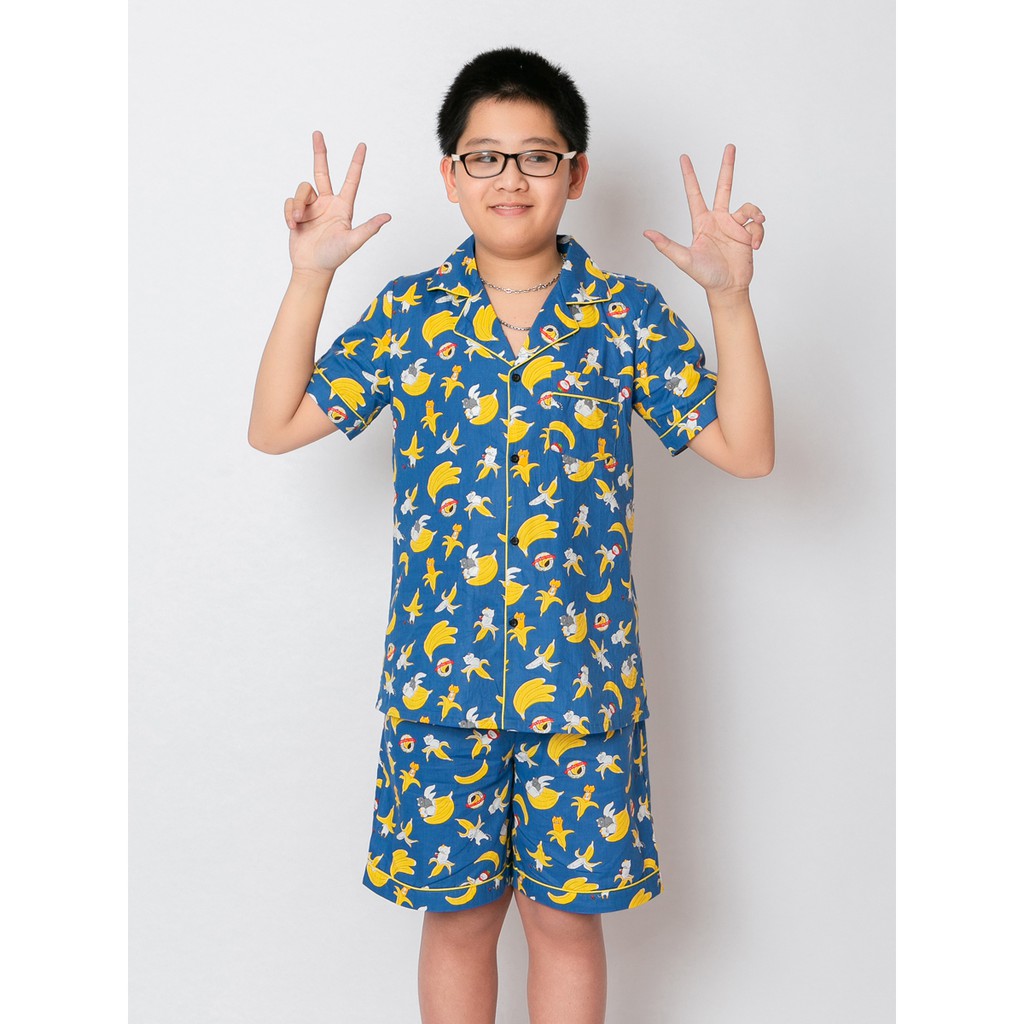 Đồ bộ Pijama bé trai màu xanh hình chú nai nhỏ cùng lá vàng và cùng nửa vầng trăng