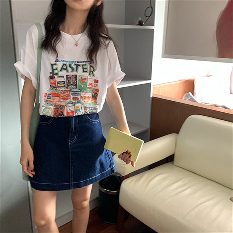 Áo Thun Nữ Ngắn Tay Cổ Tròn In Hình Phong Cách Hàn Quốc Mới