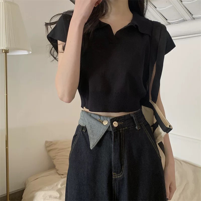 Áo Dệt Kim Croptop, Polo Nữ Cổ Đức Cộc Tay Hàng Quảng Châu Loại 1 Ailee