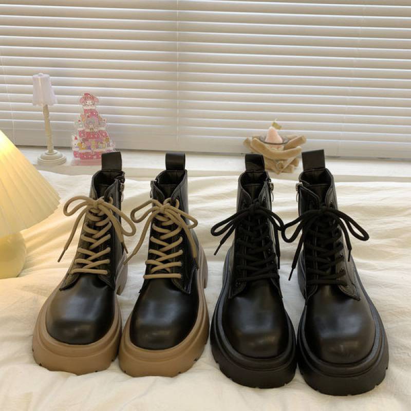 Bốt da nữ, boot nữ đế độn cổ lửng phong cách Hàn Quốc chất liệu da PU cao cấp đế cao su độn 5cm