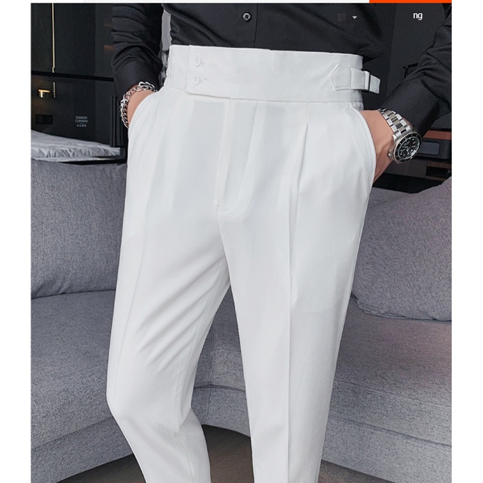 Quần Âu Nam Hai Khuy Cạp Cao Hàn Quốc, Vải Co Dãn Thoải Mái, Dáng Công Sở, Chống Nhăn Xù, Quần Tây Nam