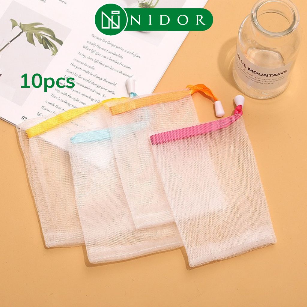 Combo 10 túi lưới đựng xà bông tạo bọt tiện lợi, 2 lớp, có dây rút nhiều màu