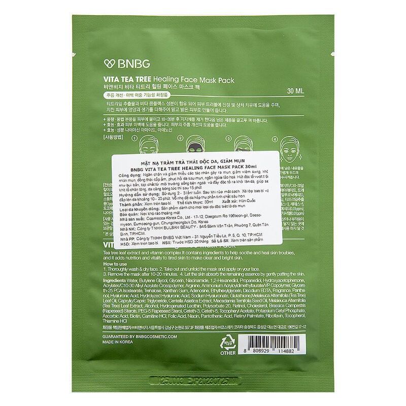 Mặt Nạ BNBG Tràm Trà Giúp Thải Độc Da, Giảm Mụn Vita Tea Tree Healing Face Mask Pack 30ml