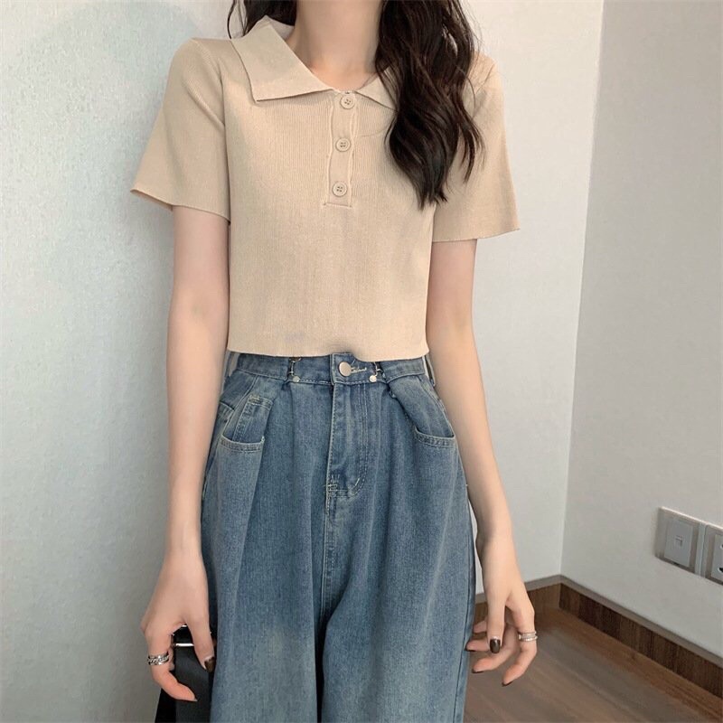 Áo len nữ dệt kim cộc tay cổ bẻ dáng croptop