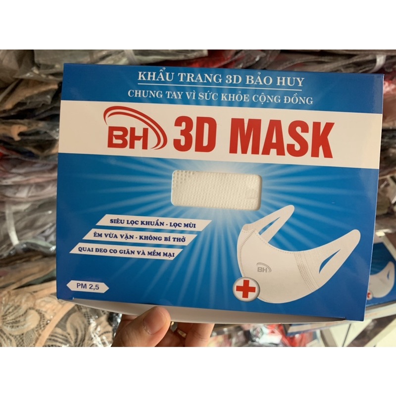 Hộp 50c khẩu trang 3D Mask (Bảo Huy, Duy Khánh) chính hãng của người lớn . Hộp/5 gói/50c. Màu trắng. Mẫu mới