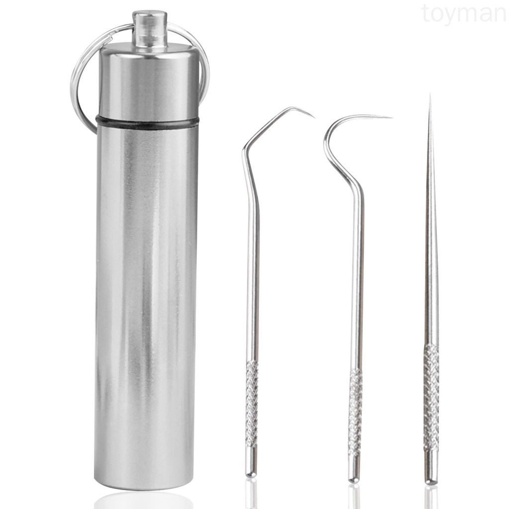 Set 3 tăm xỉa răng bằng thép không gỉ có thể tái sử dụng với giá đỡ