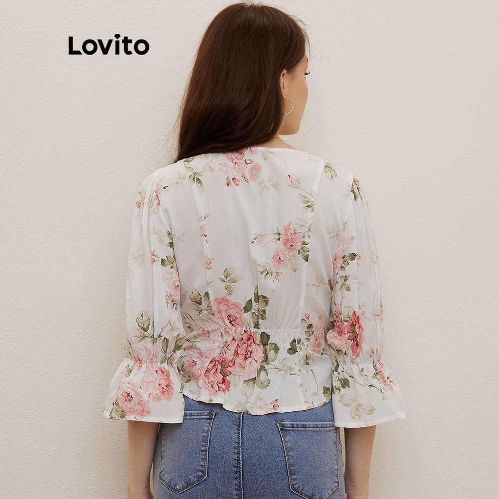 Lovito Áo Kiểu Tay Loe Cổ Chữ V In Hoa Thời Trang L20D016