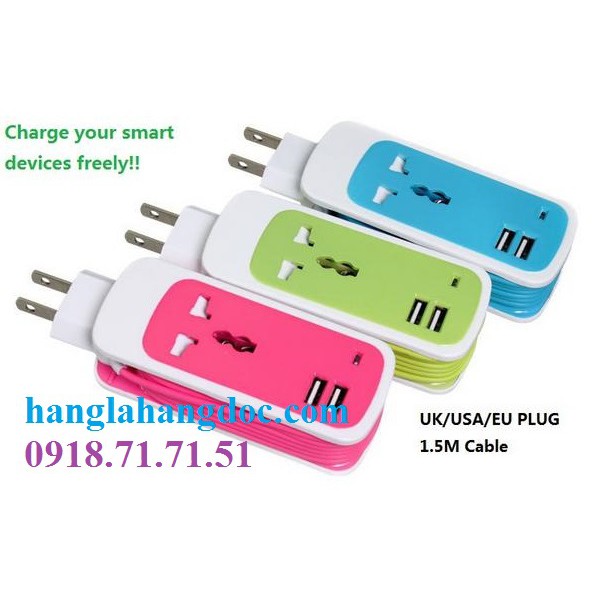 Ổ cắm du lịch 02 cổng USB, 01 ổ cắm đa năng, có dây nối dài chính hãng