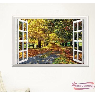 Decal dán tường hình khung cửa sổ 3D có rừng cây lá phong chất liệu PVC kích thước 40x60cm