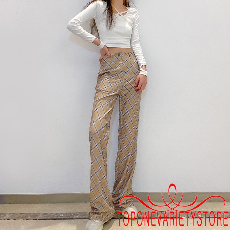 Quần Dài Lưng Cao Hoạ Tiết Caro Phong Cách Sành Điệu Cho Phụ Nữ