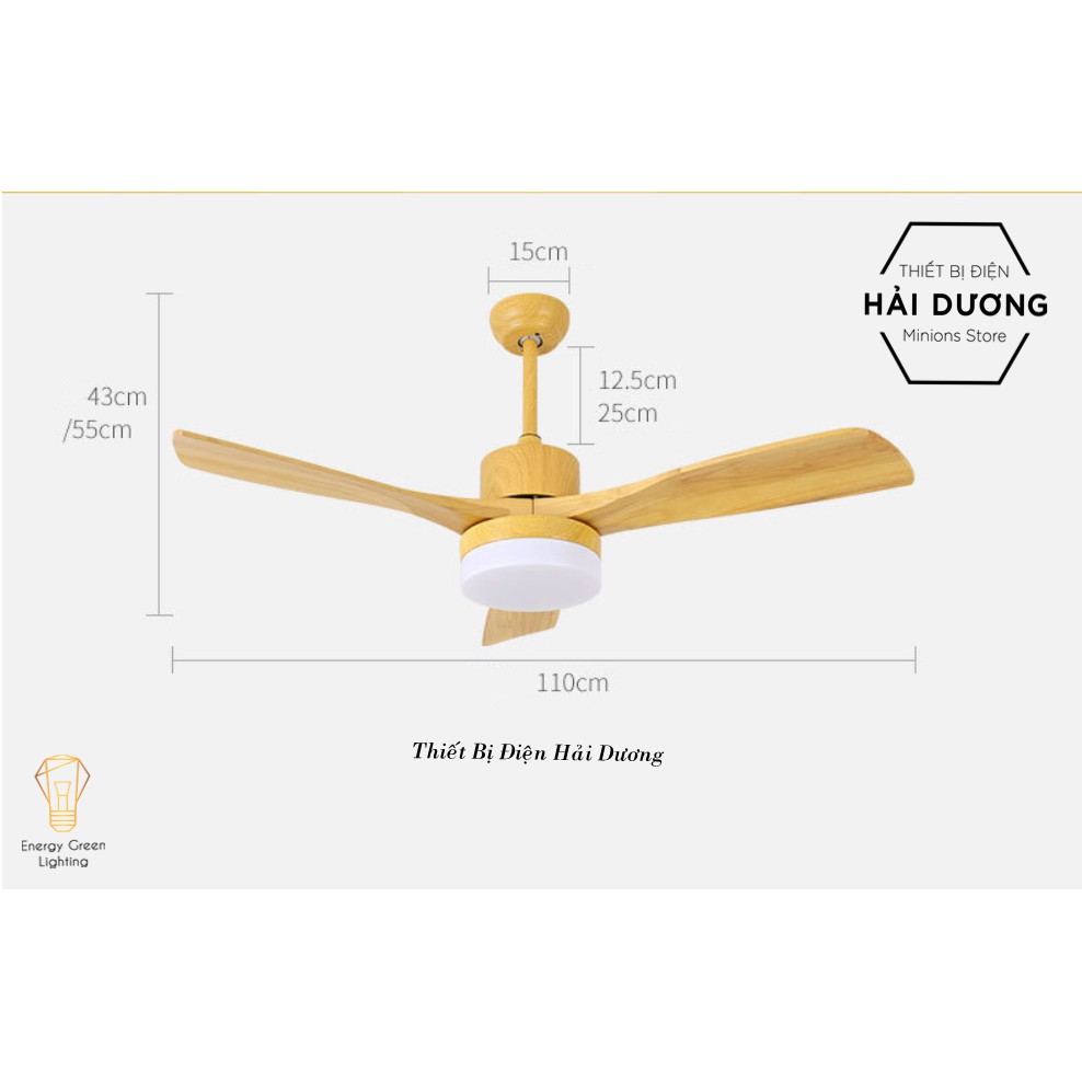 Quạt Trần Gỗ 3 Cánh QT-11055 Phong Cách Bắc Âu Tích Hợp Đèn Chiếu Sáng - 3 Chế Độ Ánh Sáng - Điều Khiển Từ Xa - Có video